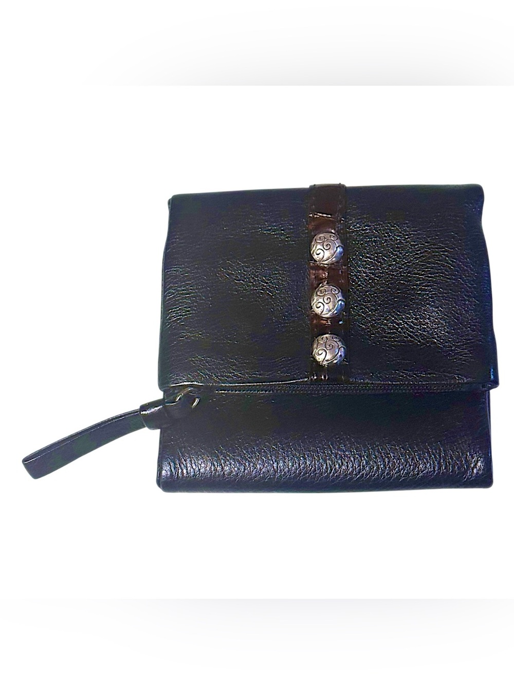 Brighton Late 90’s Black Trifold Shimmer Nolita Wallet w/Silver Scroll Buttons